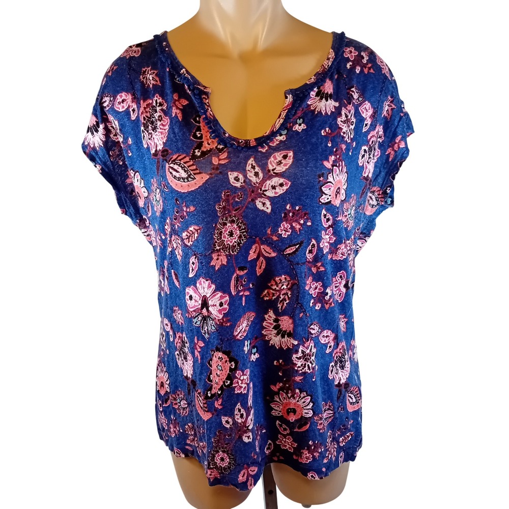 NWOT Artisan NY 100% Linen Floral Blouse Split Neck Boho CapSleeve Lightweight L